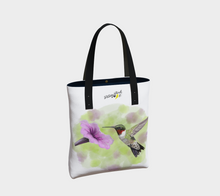 Load image into Gallery viewer, Two sided tote bag featuring hummingbird and chickadee Canadian artist