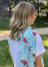 Charger l'image dans la galerie, Long, rectangular light-weight scarf with light blue background and bright red northern cardinals. Fashion scarf red cardinal pattern Canadian artist
