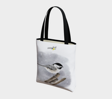 Load image into Gallery viewer, Two sided tote bag featuring hummingbird and chickadee Canadian artist