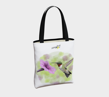 Load image into Gallery viewer, Two sided tote bag featuring hummingbird and chickadee Canadian artist