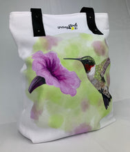 Load image into Gallery viewer, Two sided tote bag featuring hummingbird and chickadee Canadian artist