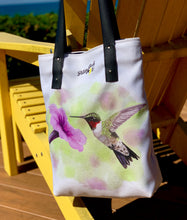 Load image into Gallery viewer, Two sided tote bag featuring hummingbird and chickadee Canadian artist