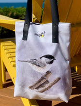 Load image into Gallery viewer, Two sided tote bag featuring hummingbird and chickadee Canadian artist