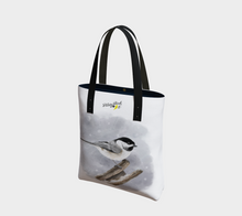 Load image into Gallery viewer, Two sided tote bag featuring hummingbird and chickadee Canadian artist