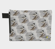 Load image into Gallery viewer, Bird pattern make up bag with zipper chickadee made in Canada