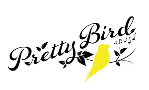 Pretty Bird logo, yellow bird with text. Bird Art and Designs